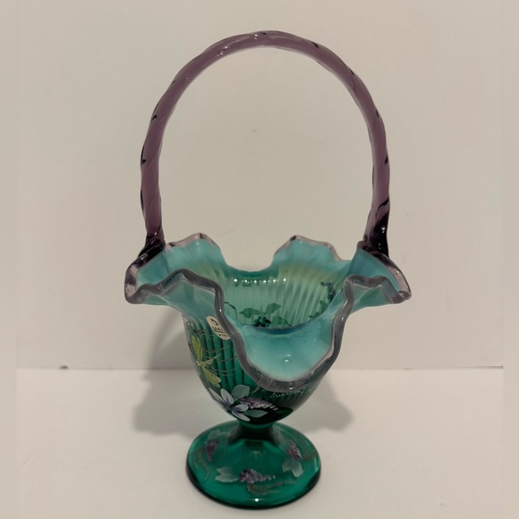New Century XXI Fenton Art Glass Dragonfly Flower Green Opalescent Purple Basket - Picture 1 of 8